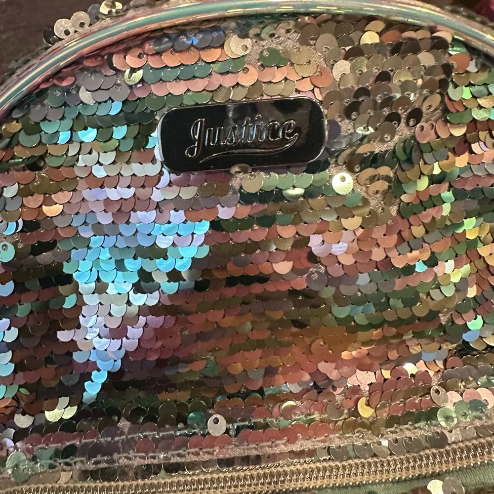Justice Small Silver Sequin Backpack with Pom Pom Initial (Letter N)